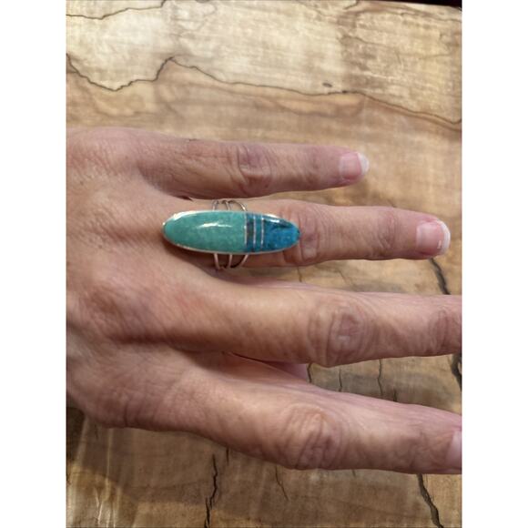 Navajo Blue & Green Turquoise Sterling Spiny Oyster Ring Oval Accents Inlay